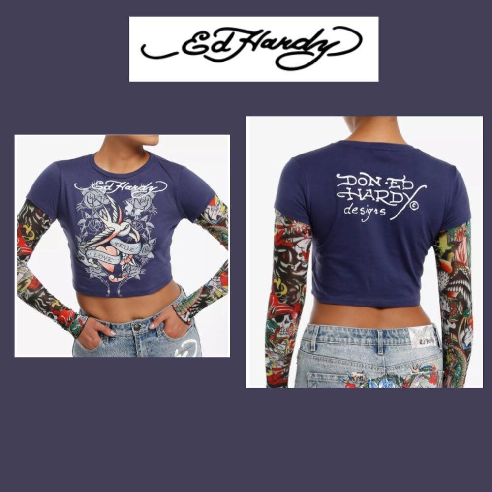 NWT Ed Hardy Dark Blue with True Love Bird Sheer Tattooed Long Sleeve Crop Top